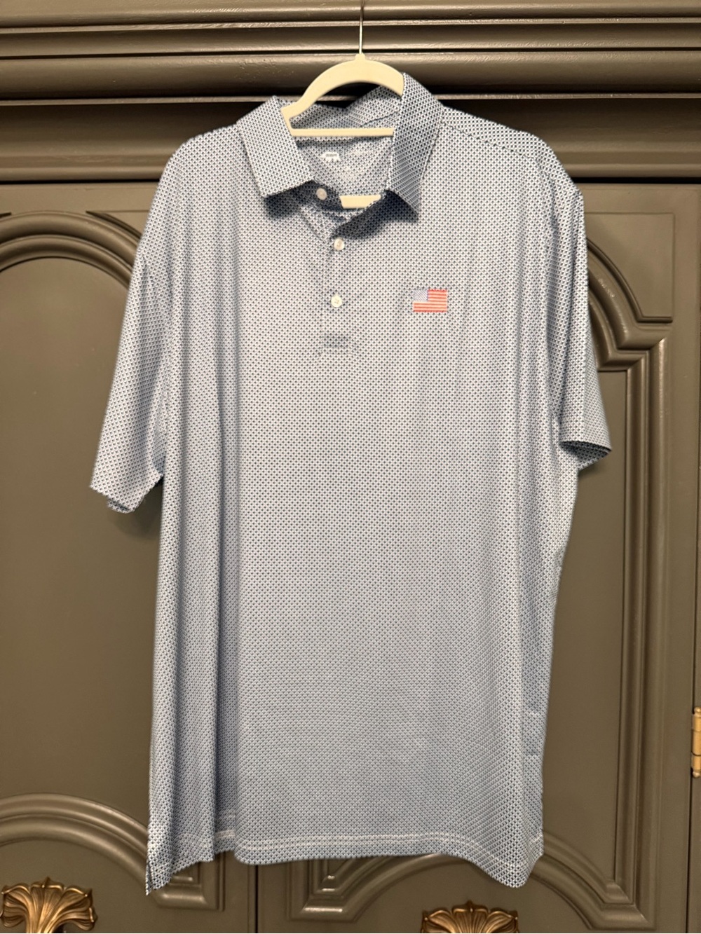 Men's Blue Polo with Micro Dot Print and Flag Patch- NEVER WORN